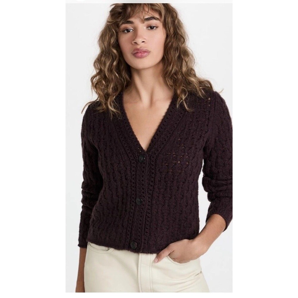 Vince. Crochet Knit Cardigan Medium Plum Wine Wool Cashmere Women Sz M